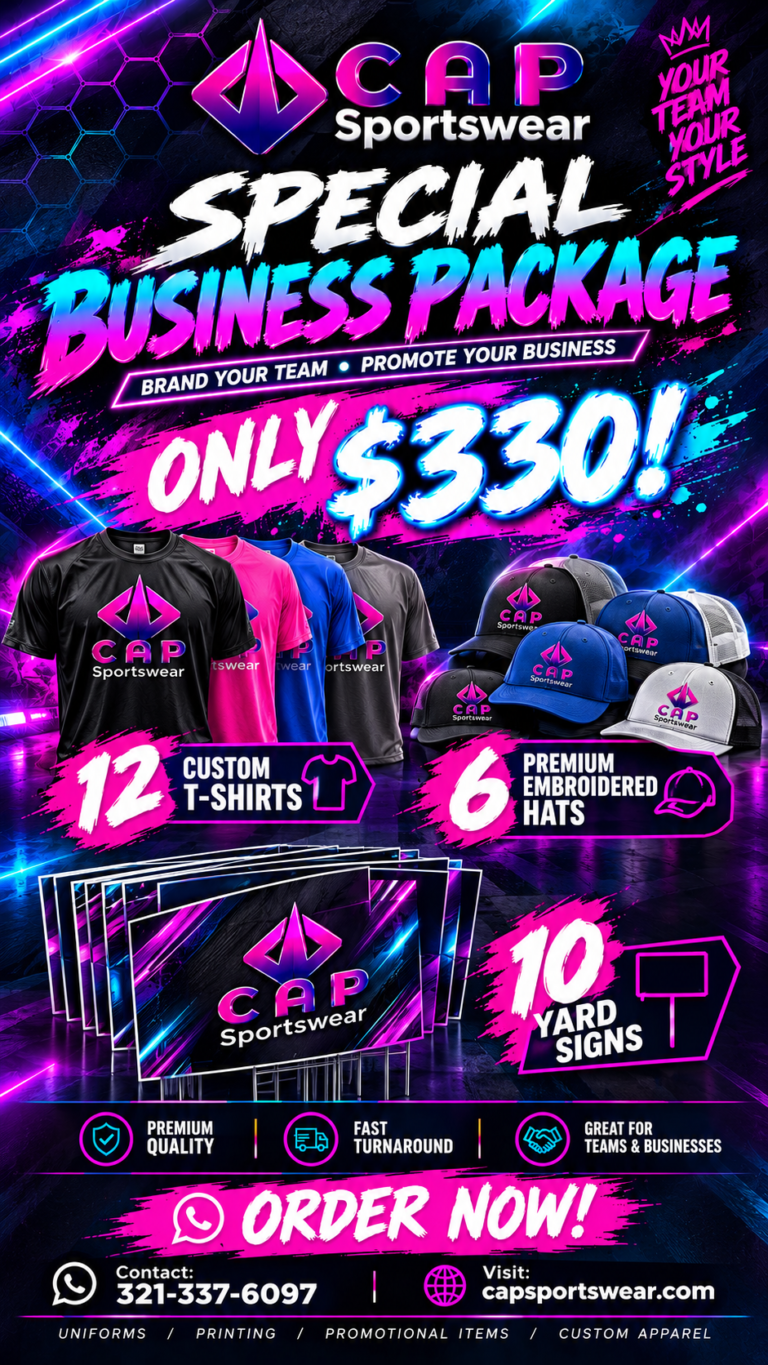 Special Business Package: 12 custom t-shirts, 6 embroidered caps and 10 yard signs